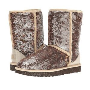 UGG Sparkle Sequin Cozy Mid-Calf Boots in Rose Gold Cream Trim Women’s Size 5